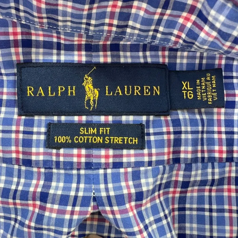 Ralph Lauren Slim Fit Shirt Mens XL Cotton Stretch Blue Red Check Plaid ‎ Pony